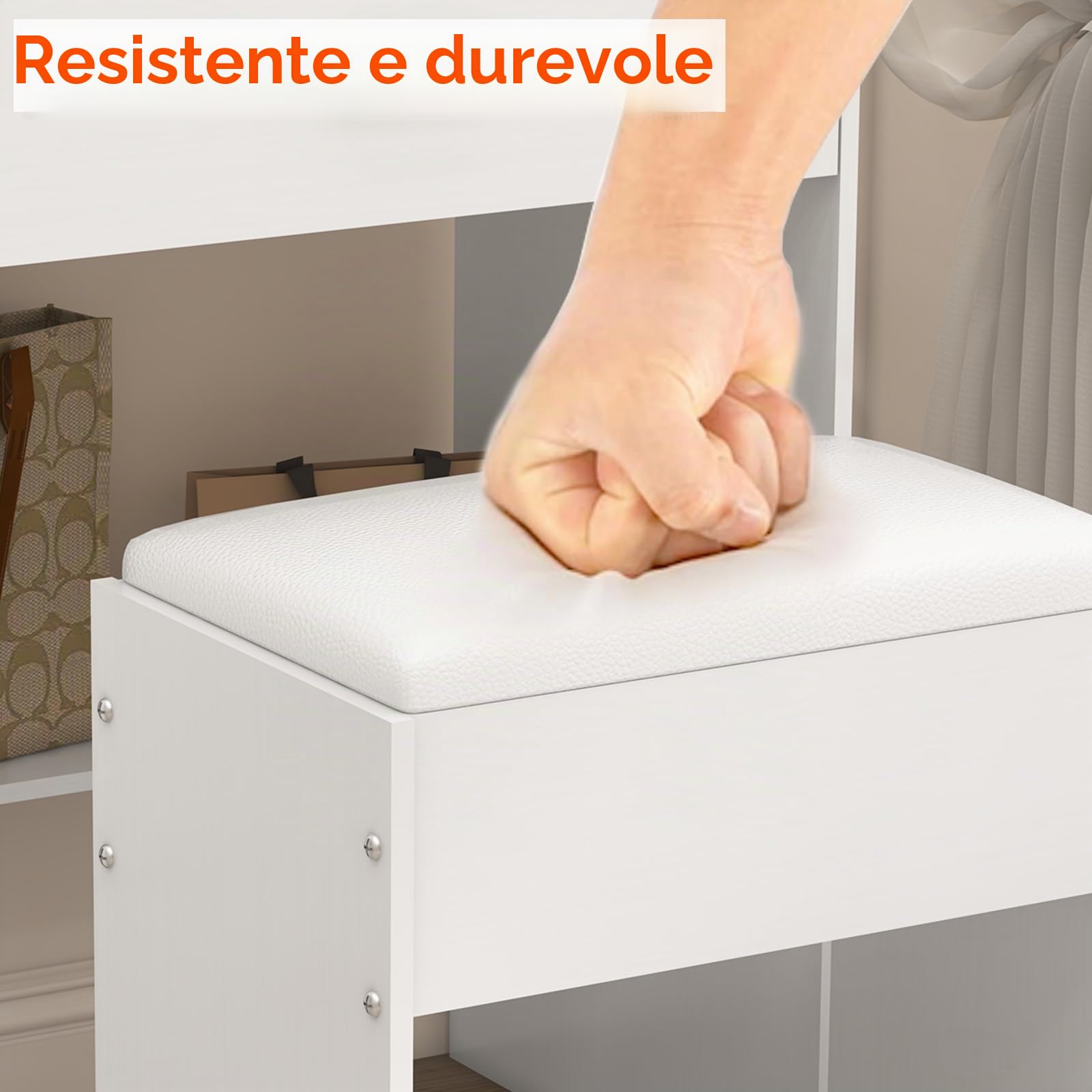 Sgabello da Toeletta Moderno in Legno, Bianco, 43 x 40 x 24 cm, per Camera da Letto