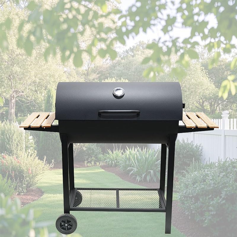 Parrilla de carbón con dos mesas laterales, parrilla de barbacoa de acero resistente para pícnics al aire libre, patios traseros y fiestas