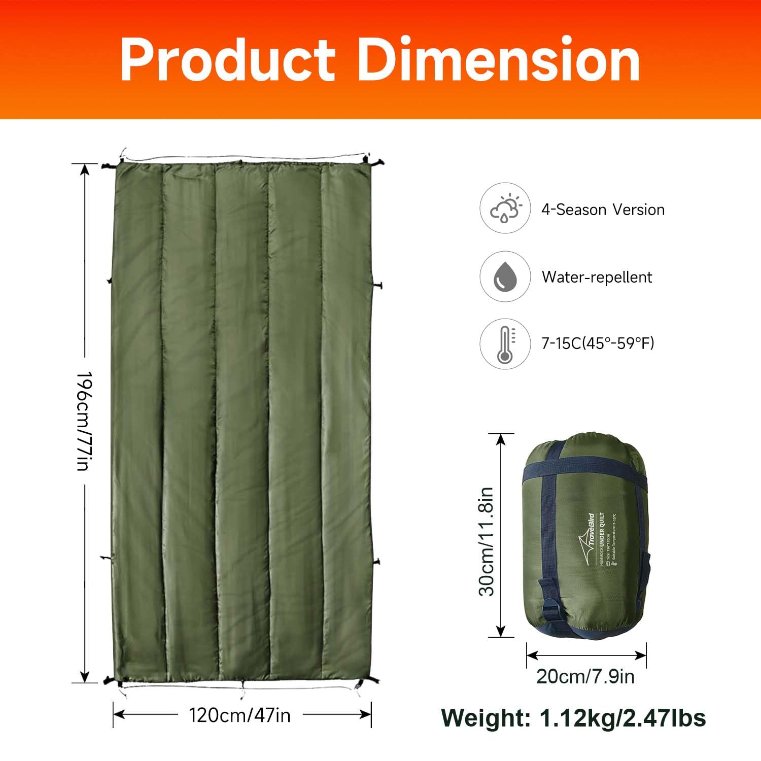 Hamac Underquilt, Couette sous-Matelas de Camping Ultralégère et Isolante pour Hamacs, Idéale pour Outdoor Randonnée et Le Camping