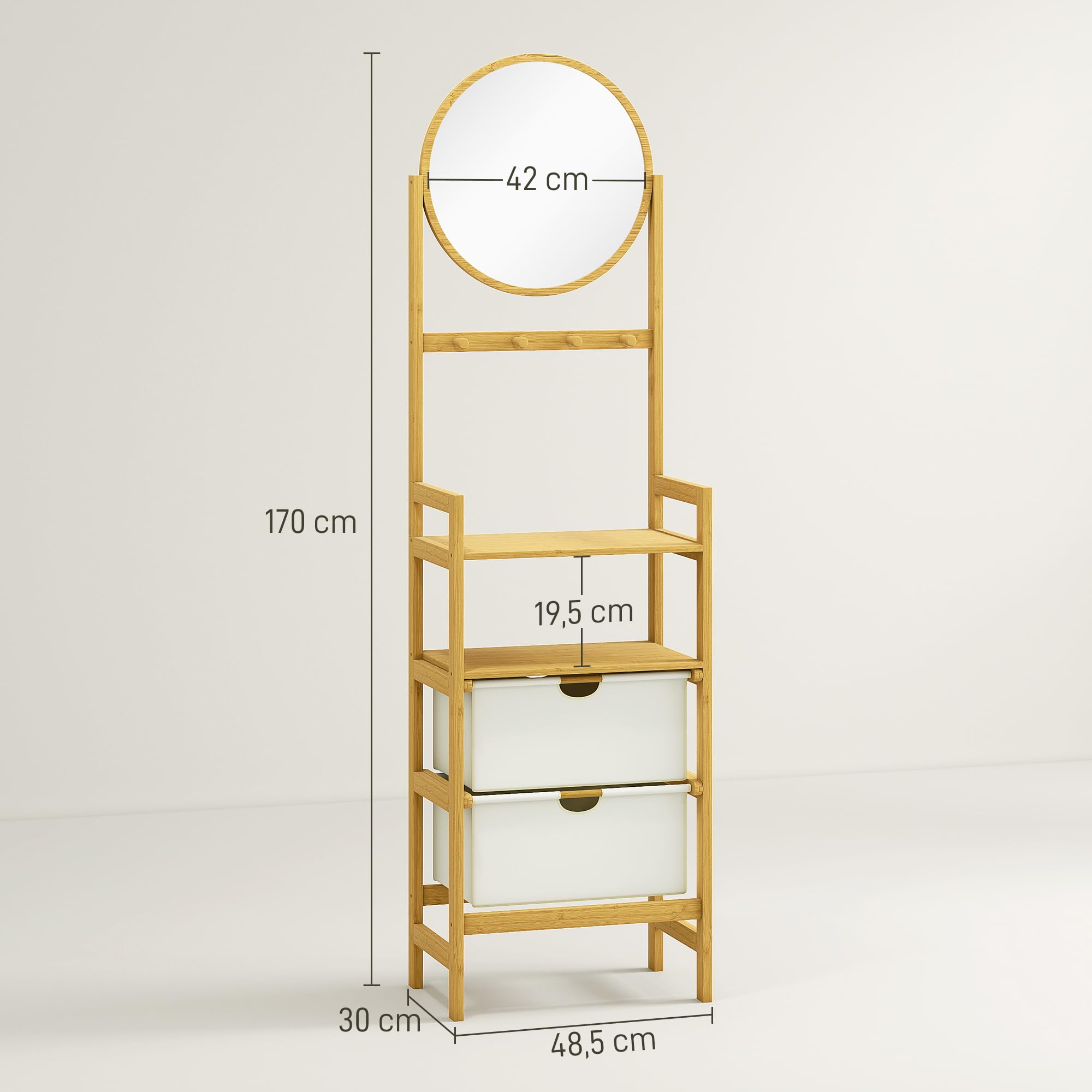 HOMCOM Estantería de Baño de Bambú con Espejo Estantería de Almacenaje con 4 Ganchos 2 Estantes Abiertos y 2 Cajones de Tela para Cocina Baño Salón 48,5x30x170 cm Natural