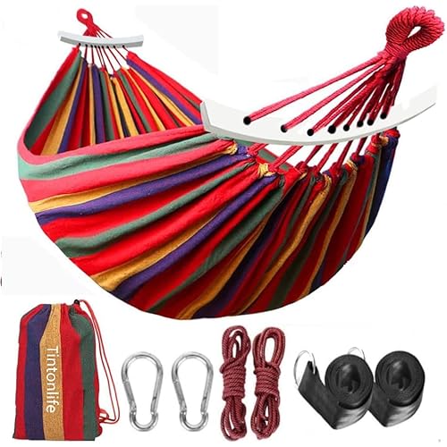 Tintonlife Brazilian Double Hammock (Max 450lb)- 2 Person Soft Canvas Cotton Fabric Hammock with Tree Straps-Portable Hammock with Traval Bag for Patio Porch Garden Backyard,Outdoor/Indoor - Rainbow