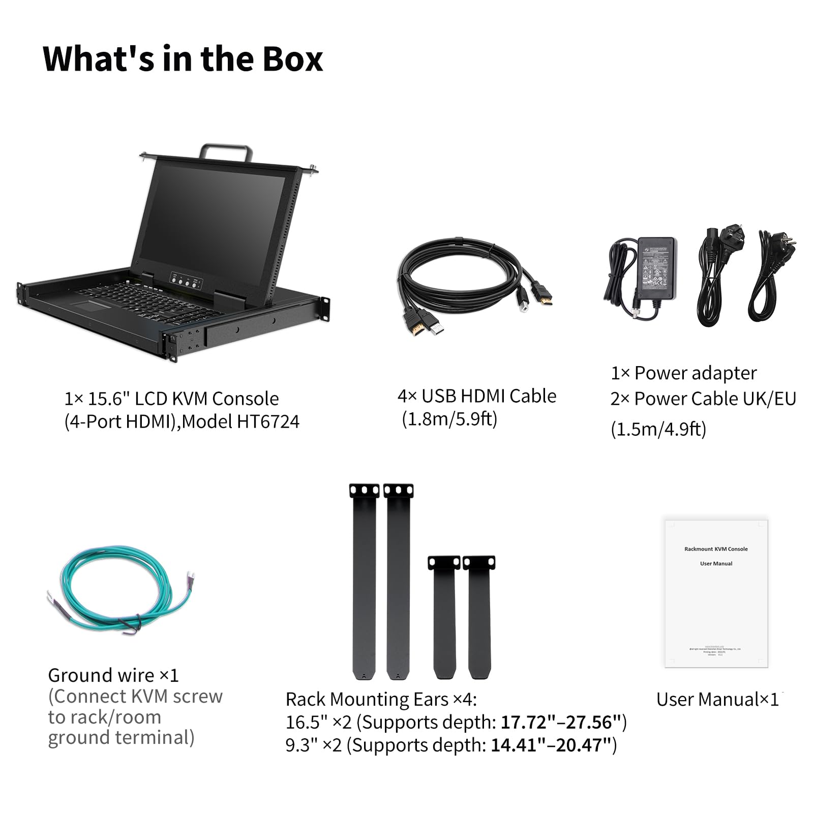 Console KVM à 4 ports avec écran 15,6" 1080p monté en rack, tiroir de commutateur KVM HDMI 1U + clavier + pavé tactile + 4 câbles KVM USB HDMI, interrupteur à bouton OSD pour armoire réseau de 24" à