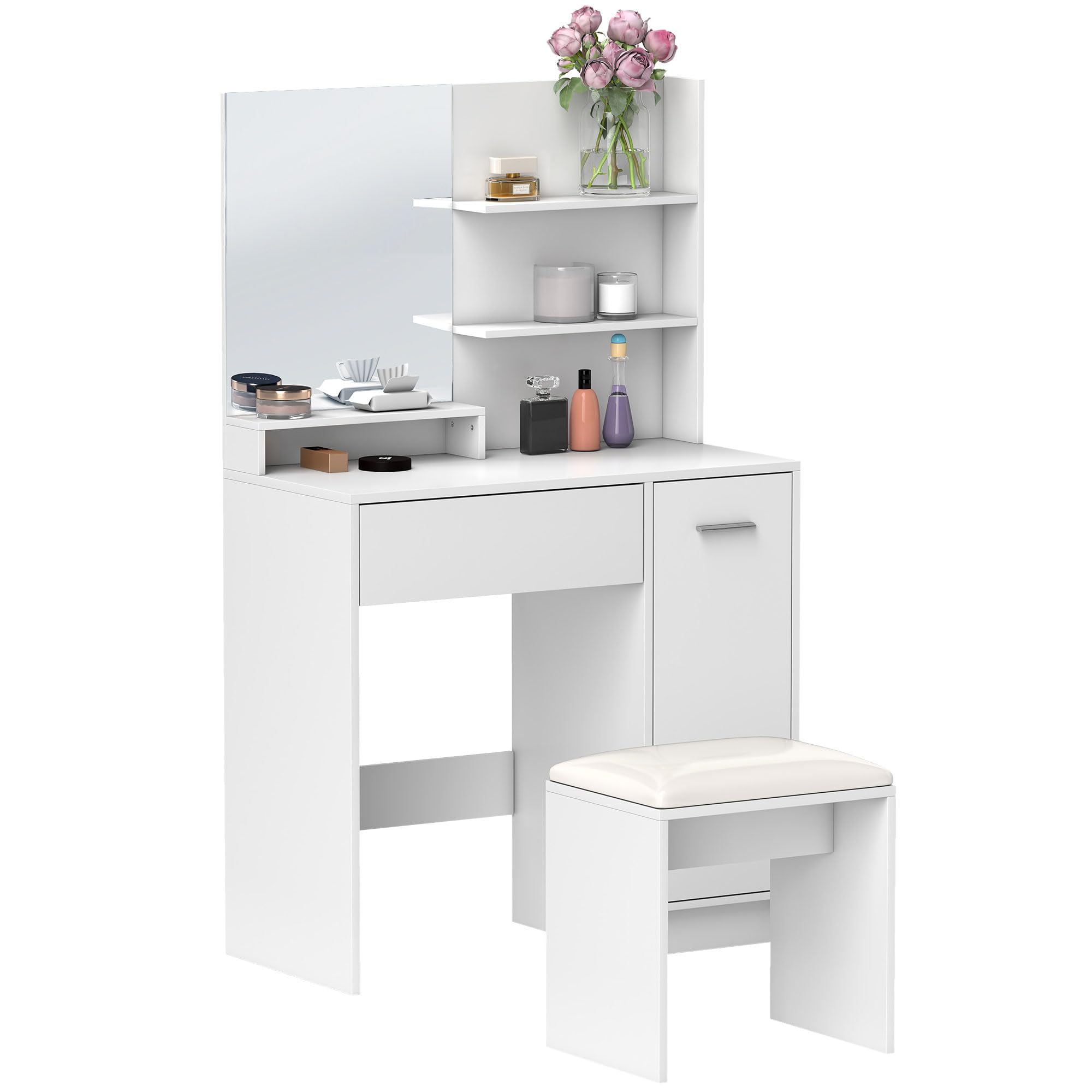 HOMCOM Toeletta Trucco con Specchio e Sgabello con Cassetto Bianco | Postazione Trucco, Armadietto e Ripiani in Legno