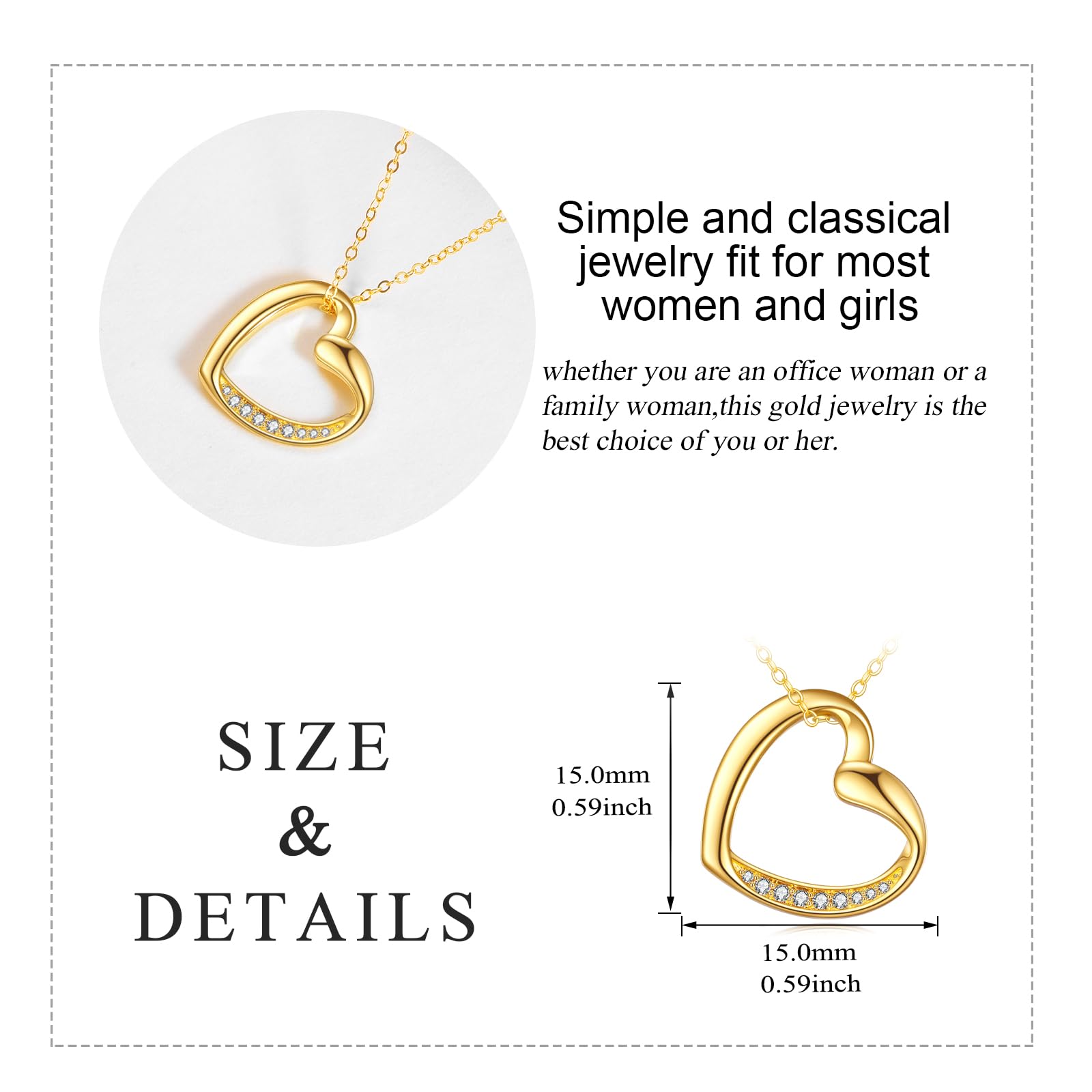 Herz-Halskette aus 14 Karat massivem Gold für Frauen, feines Gold, Liebesschmuck, Geburtstagsgeschenke für Ehefrau, Mutter, Freundin, sie