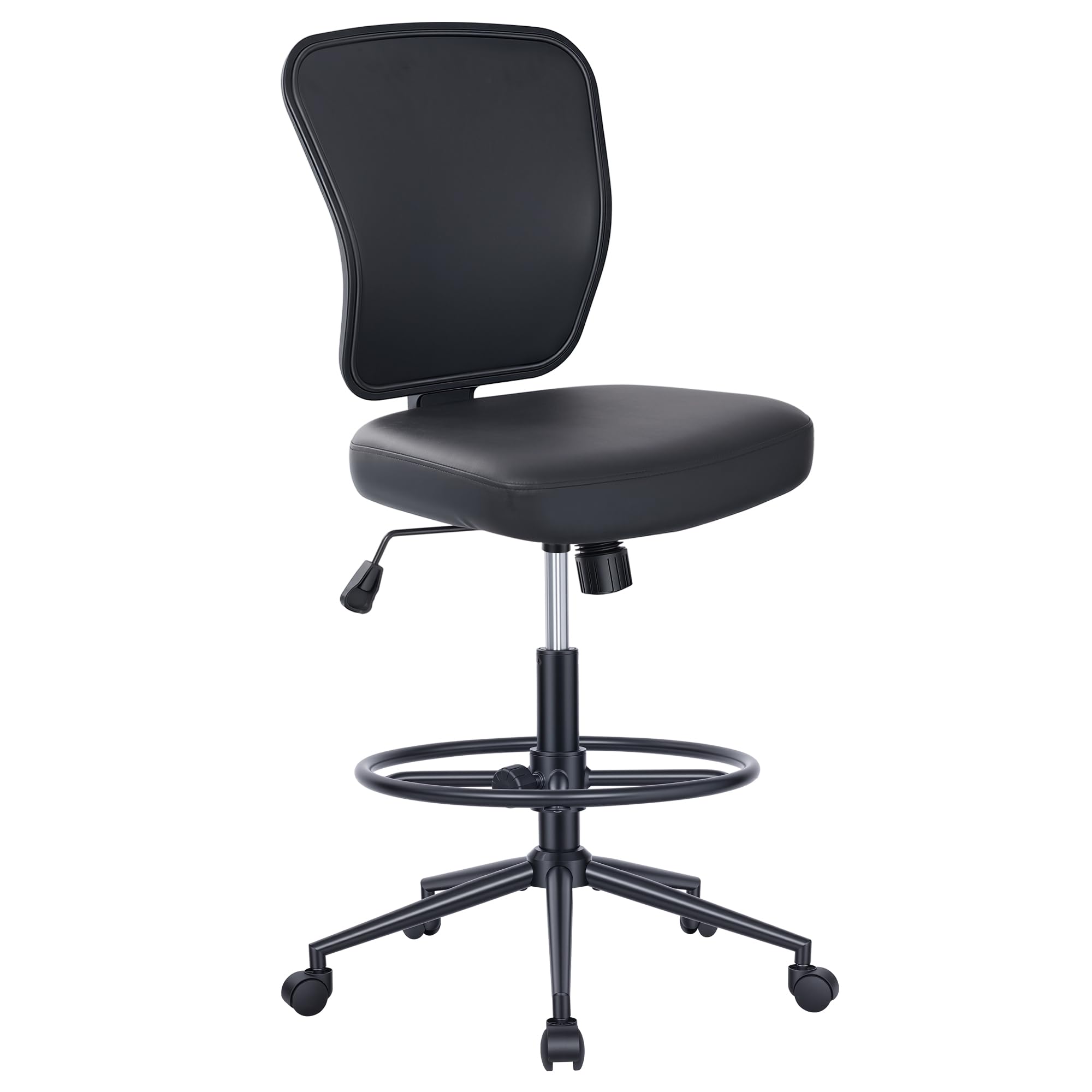 HYLONE Armless Tall Office Chair Adjustable Height Leather Drafting Chair No Arms Counter Height High Office Chair for Standing Desk Rolling Stool