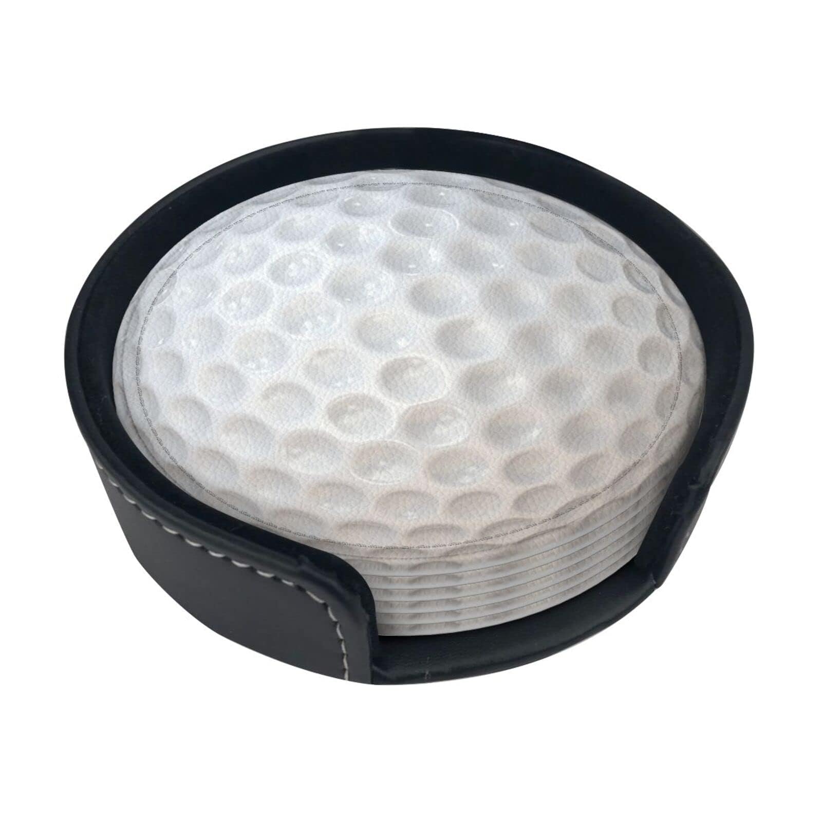 sunwarshile Coasters for Drinks with Holder Round Leather Coasters Set of 6 Cups Mugs Mat Pad for Home Kitchen Bar (Golf)