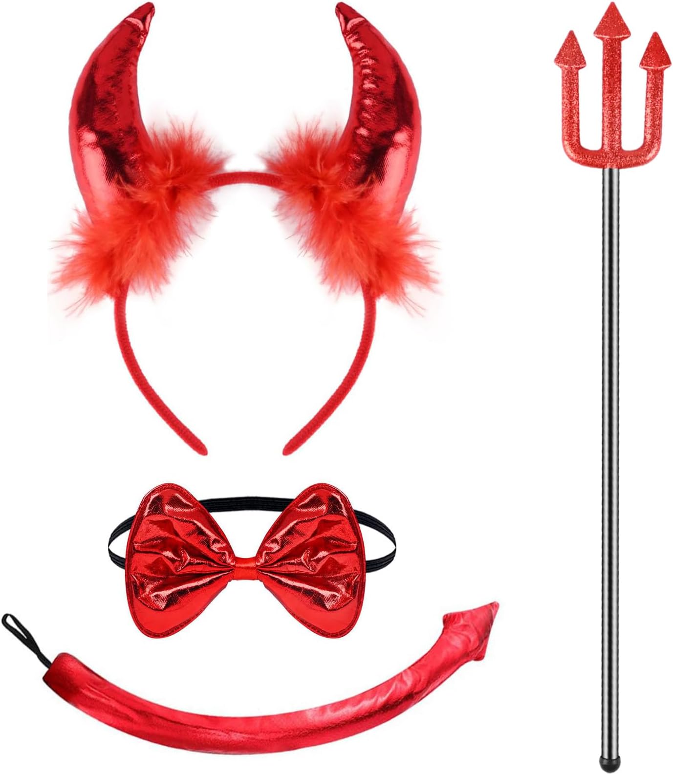 Devil Costume Outfit with Devil Horns Headband Tail Bow Tie Devil Fork Prop for Women Men Kids for Halloween Cosplay Supplies