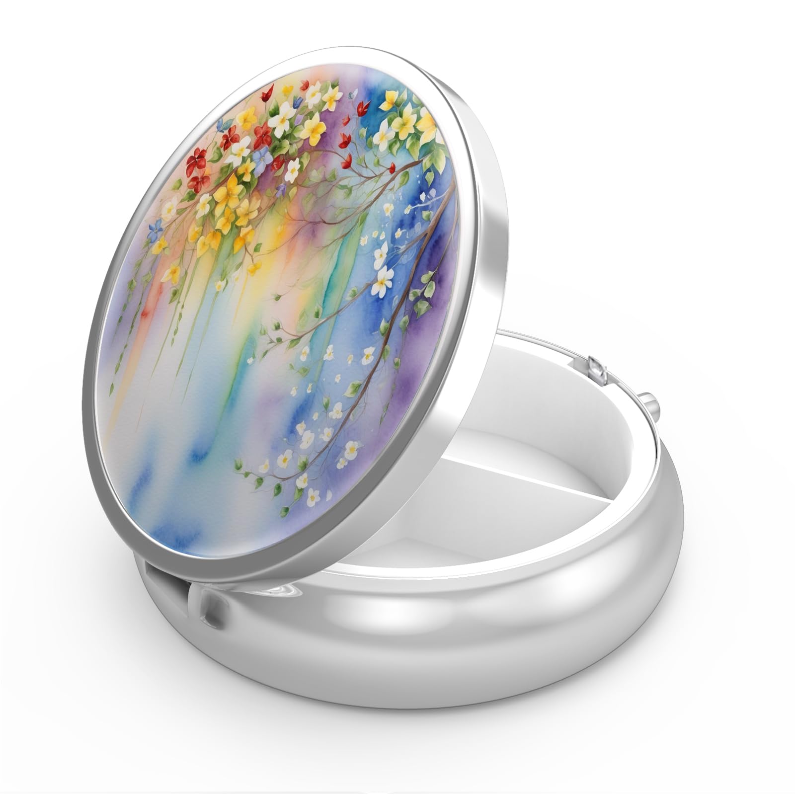 Hion Pill Box 3 Compartment Medicine Pill Case,Portable Pill Box for Pocket or Purse Pill Box Decorative Metal Medicine Vitamin Organizer Unique Gift(Abstract Floral Watercolor Painting)