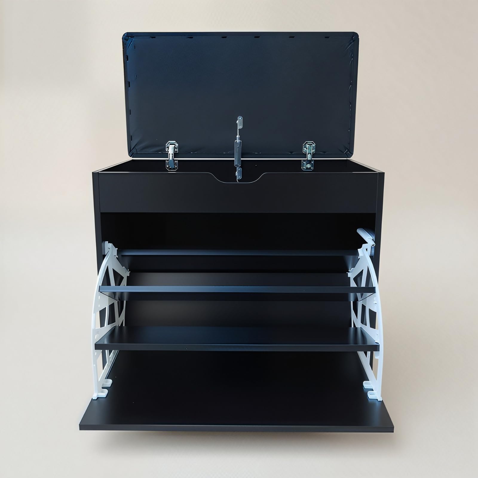 MDF Schuhschrank mit Sitzbank und ausziehbaren Regalen, Polyester Polsterung, 57 x 30 x 53 cm, Multifunktional für Flur (schwarz)