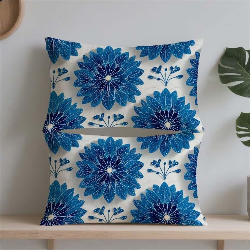 Housse coussin exterieur bleu 60x90 lin impermeable mandala