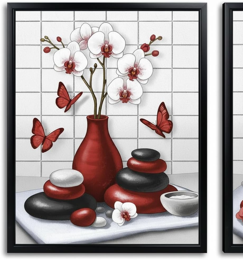 RnnJoile Red Bathroom Decor Zen Pictures Wall Art Orchid Flower Zen Stone Modern Bathroom Decor Black Frame 12x16 inch each piece