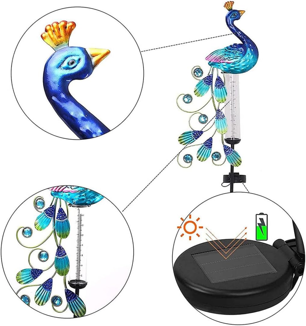NIDONE Rain Gauge, Solar Powered Light, Metal Peacock Garden Stakes, Waterproof Yard Decor, High-Precision Glass Tube with Auto On/Off