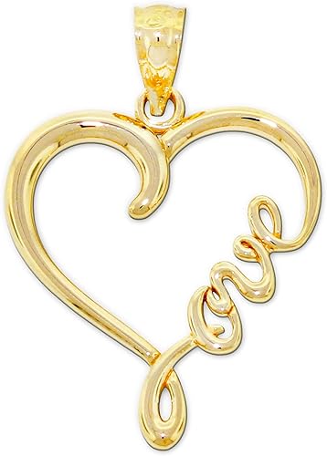 Dije de corazón "Love" de oro macizo de 10 quilates - Colgante de corazón - Joyas de amor cursivo