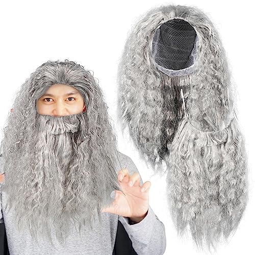 Coloración, Music Abaodam Decoración Peluca De Mago Y Conjunto De Barba Gris Largo Mago Barba Pelo Rizado Disfraz para Cosplay Halloween Gandalfs Disfraz Accesorios Peluca...