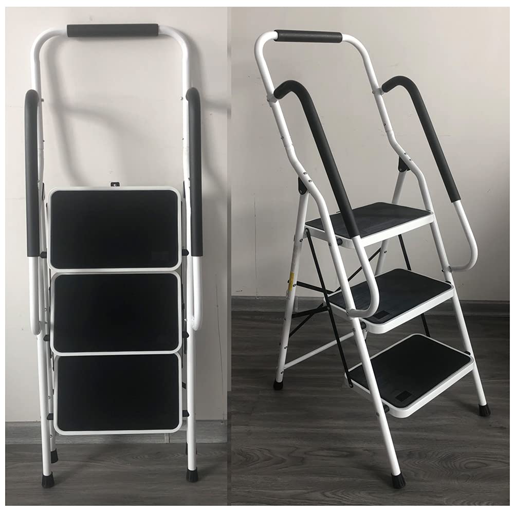 Escabeau Robuste à 3 Marches avec Main Courante de Sécurité Tabouret Pliant Portable Marches en Caoutchouc Antidérapant Pédales Capacité de Charge Maximale 150kg