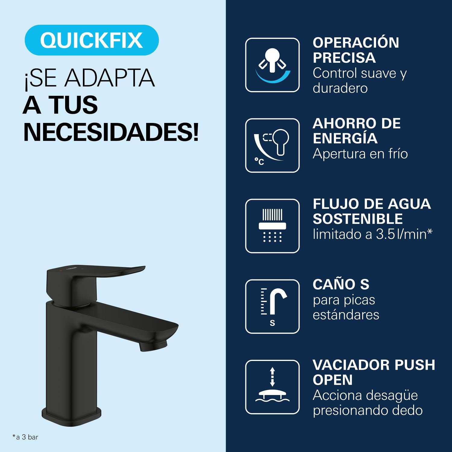 GROHE Dice - Grifo lavabo cuerpo liso, desagüe Push-Open, Talla S, cartucho cerámico 28mm, eficiencia energética y bajo caudal ahorro extra, latiguillos 3/8", QuickTool, Negro Mate, 1018602430