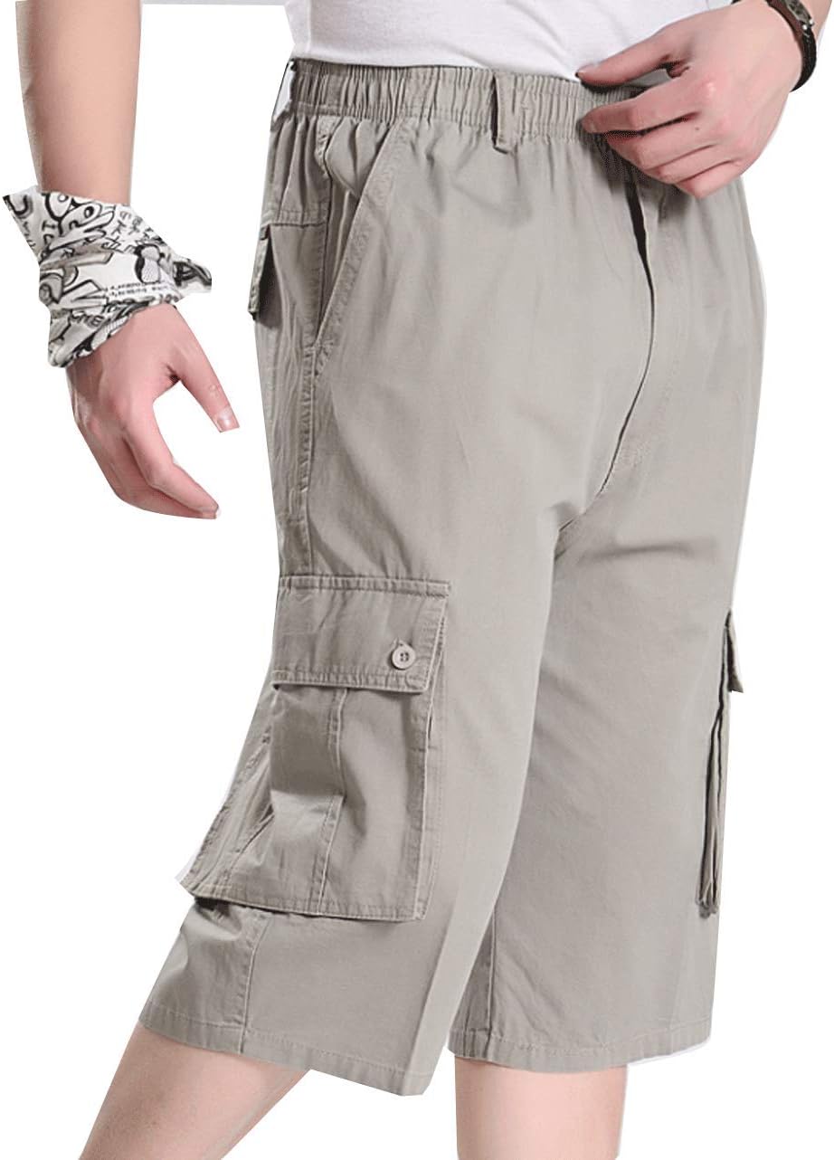 Mens Cotton Loose Drawstring Cargo Short with Full Elastic Waist
