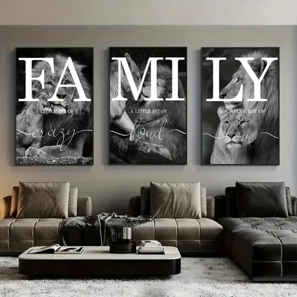 HURCP Set Of 3 Canvas Poster Modern Black And White Lions Family Couple Love Wall Art Prints Gift Bedroom Living Room Dorm Gallery Corridor Decor Picture,A3 (30X42CM)