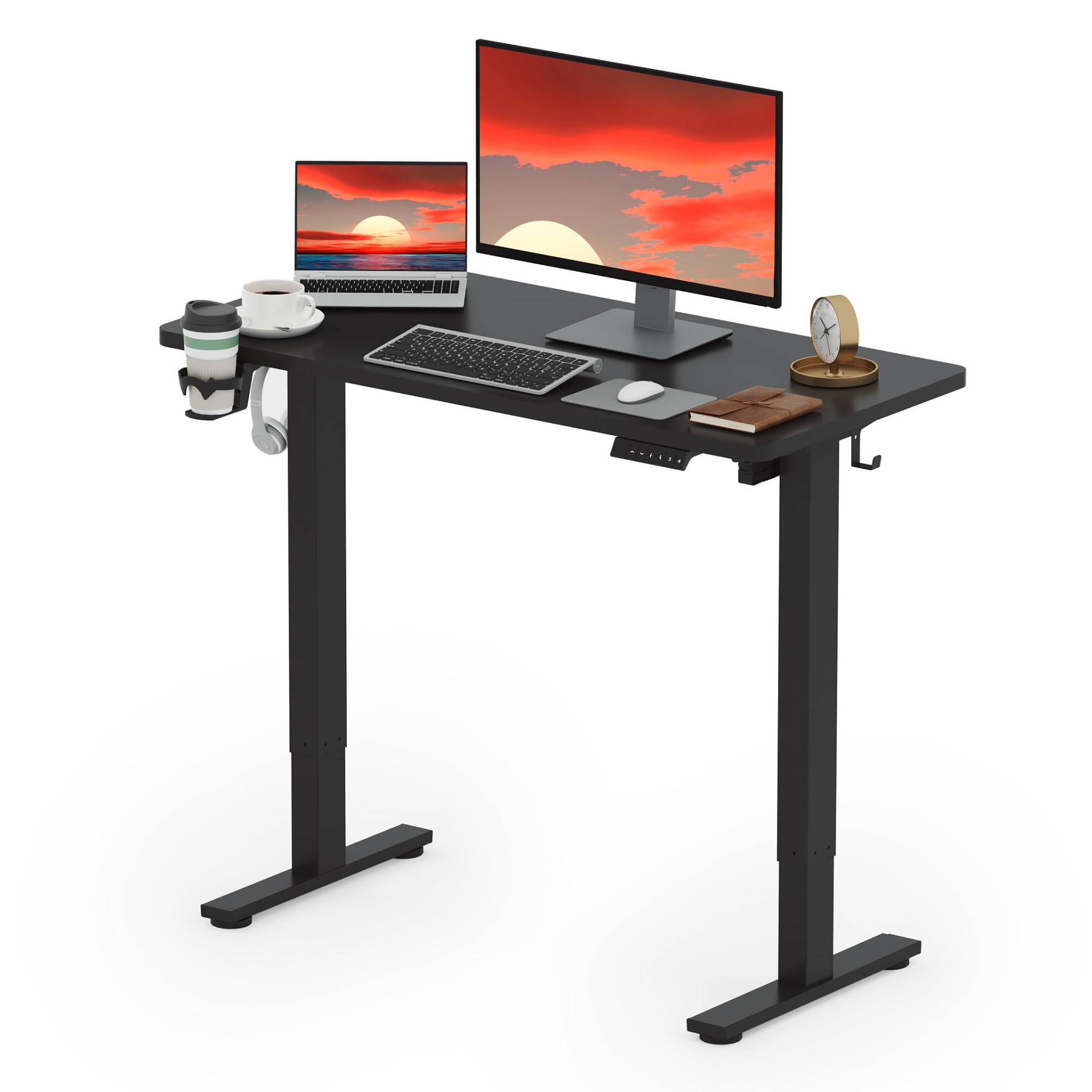 SANODESK 110 * 54 Electric Standing Desk ONE PIECE With Memory Smart Panel Sit Stand Table With Hooks and Cupholder for Home Office (Black Frame+ Black Desktop) — image 1