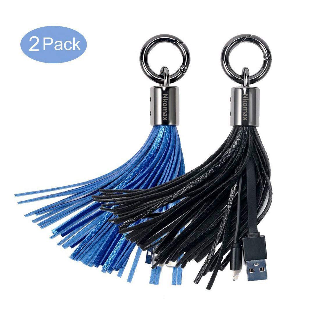 Lightning to USB Keychain Cable Leather Tassel with 7-Inch 2.4 Amp Lightning ChargeSync Cable for iPhone, iPad (Black Blue)