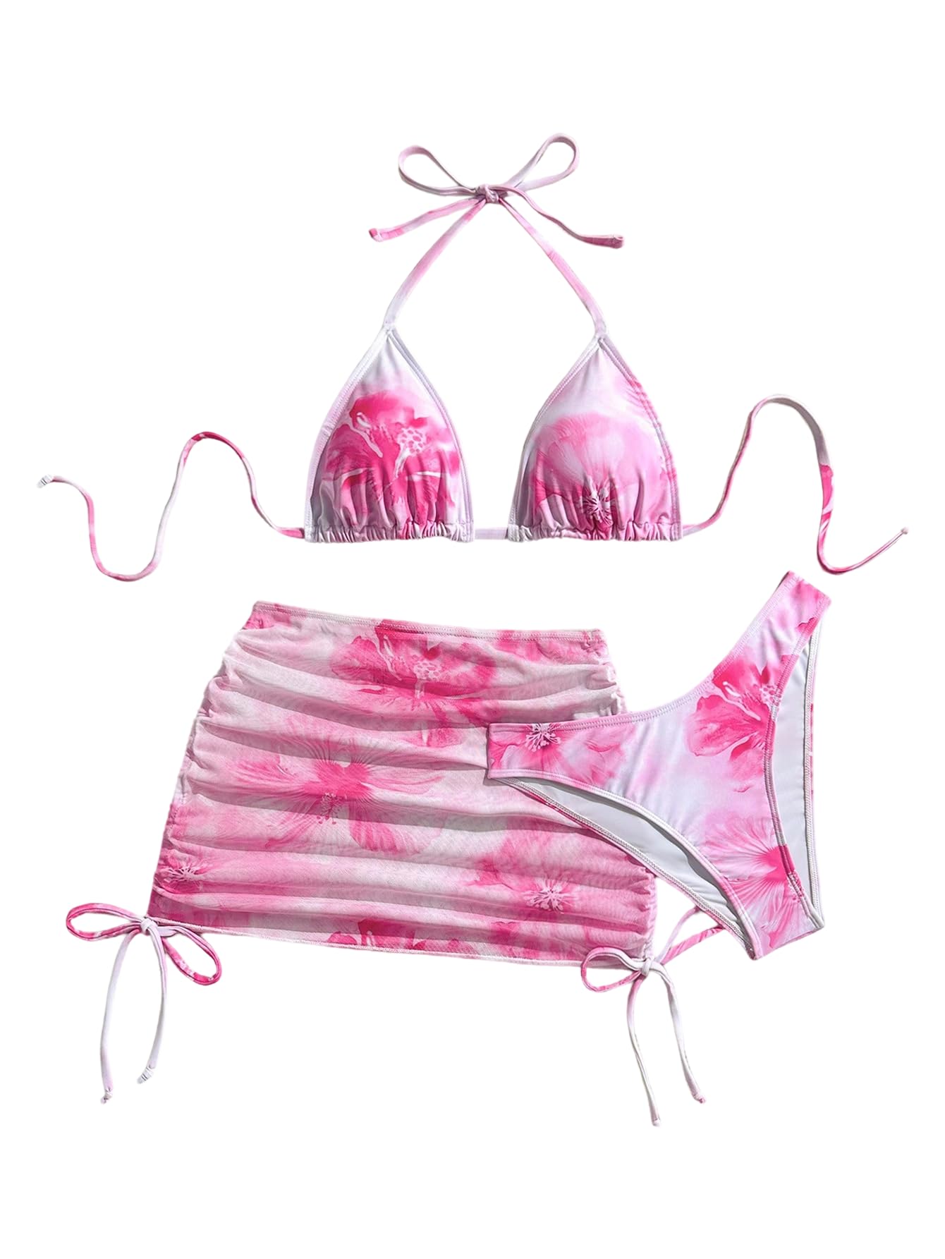 SweatyRocks Womens 3 Piece Swimsuits Floral Print Halter Triangle Bikini Sets Bathing Suit with Cover Up