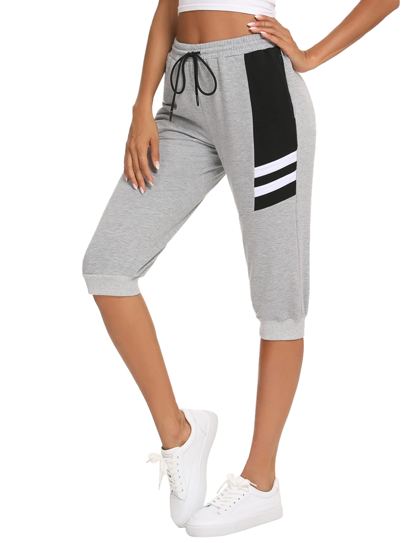 Terecey Jogginghose Damen Baumwolle Sporthose 3/4 Trainingshose Damen Caprihose Sommer Laufhose mit Taschen Freizeithose Sweathose für Jogger Frauen