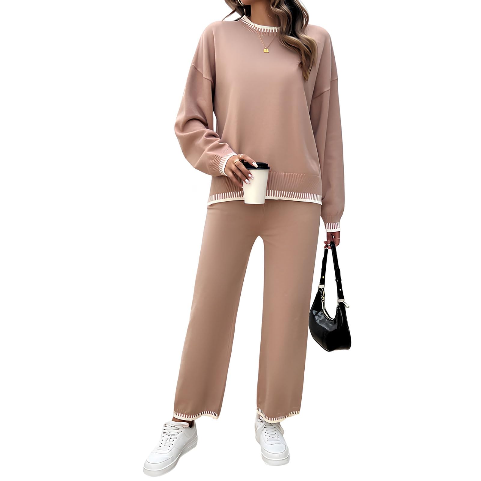 Conjunto Mujer Conjuntos De 2 Piezas Para Mujer Suéter De Manga Larga Top Y Pantalones De Pierna Ancha Conjuntos Deportivos De Punto