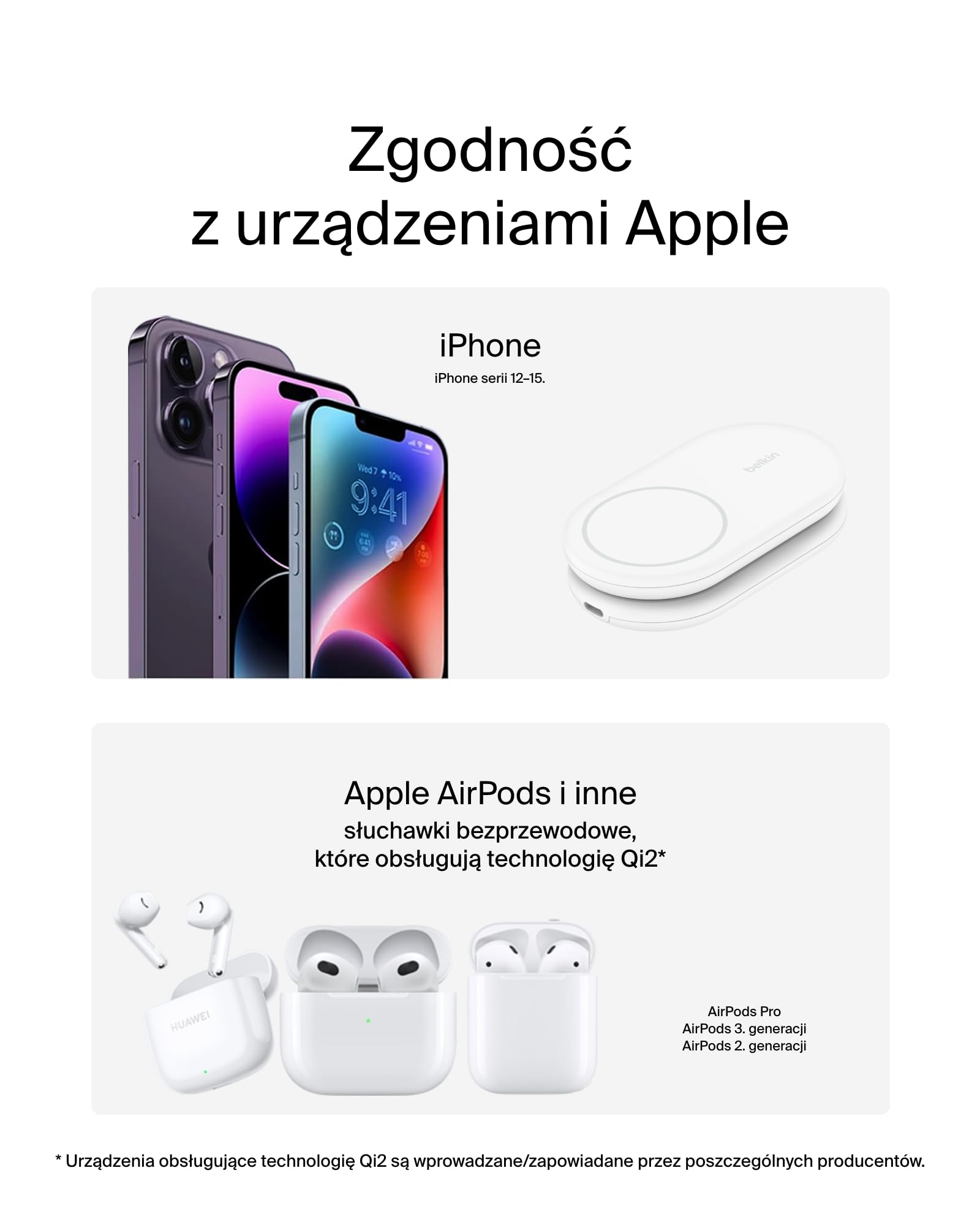 Belkin BoostCharge magnetyczna, składana ładowarka Qi2 2 w 1 o mocy 15 W, ładowarka bezprzewodowa zgodna z MagSafe do Apple iPhone 16/15/14/13, z antypoślizgową podstawą, zasilacz w zestawie – biała