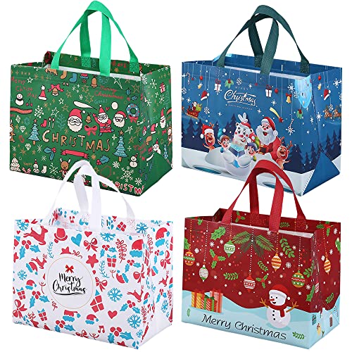 Volsha 4 Pack Christmas Reusable Grocery Bag Tote Bag with Handle Gift Present Bag Shopping Bag for Holiday Xmas Event Party