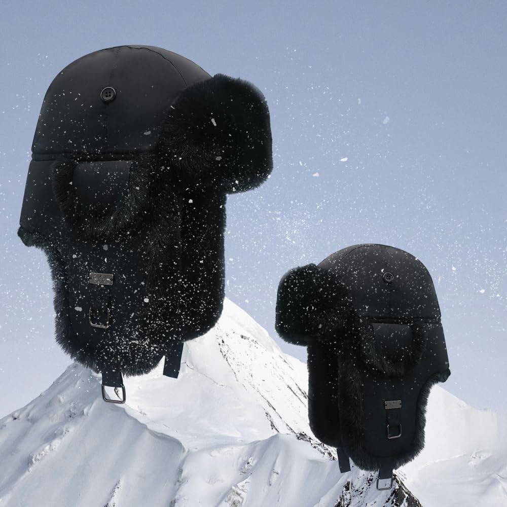 Unisex Fliegermütze Winter Mütze Warme Pilotenmütze mit Kunstfell Ohrenschützer Wintermütze für Herren und Damen