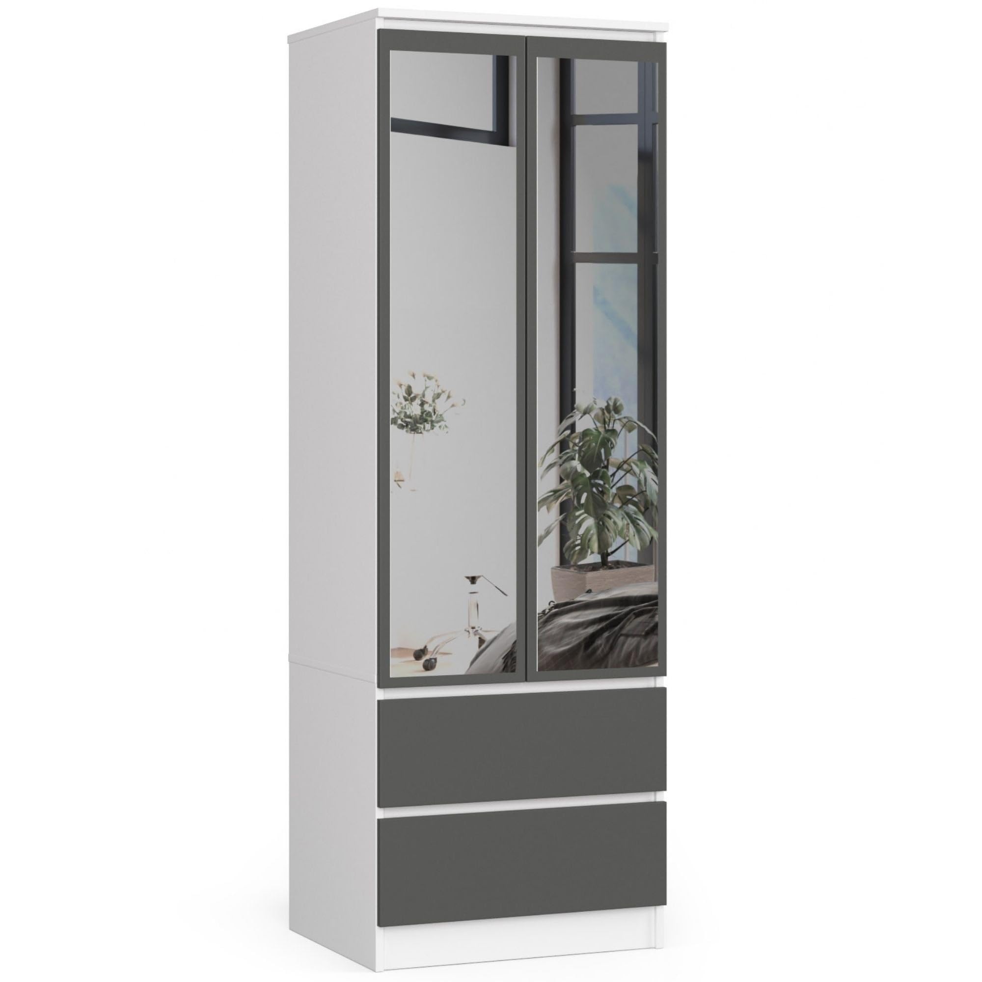 AKORD | Armadio con Specchio S | 60 cm Due Ante | 2 Cassetti con ripiani e Asta Appendiabiti | Mobiletto Cameretta Camera da Letto | Guardaroba | Pannello in laminato 16 mm | Bianco/grigio grafite
