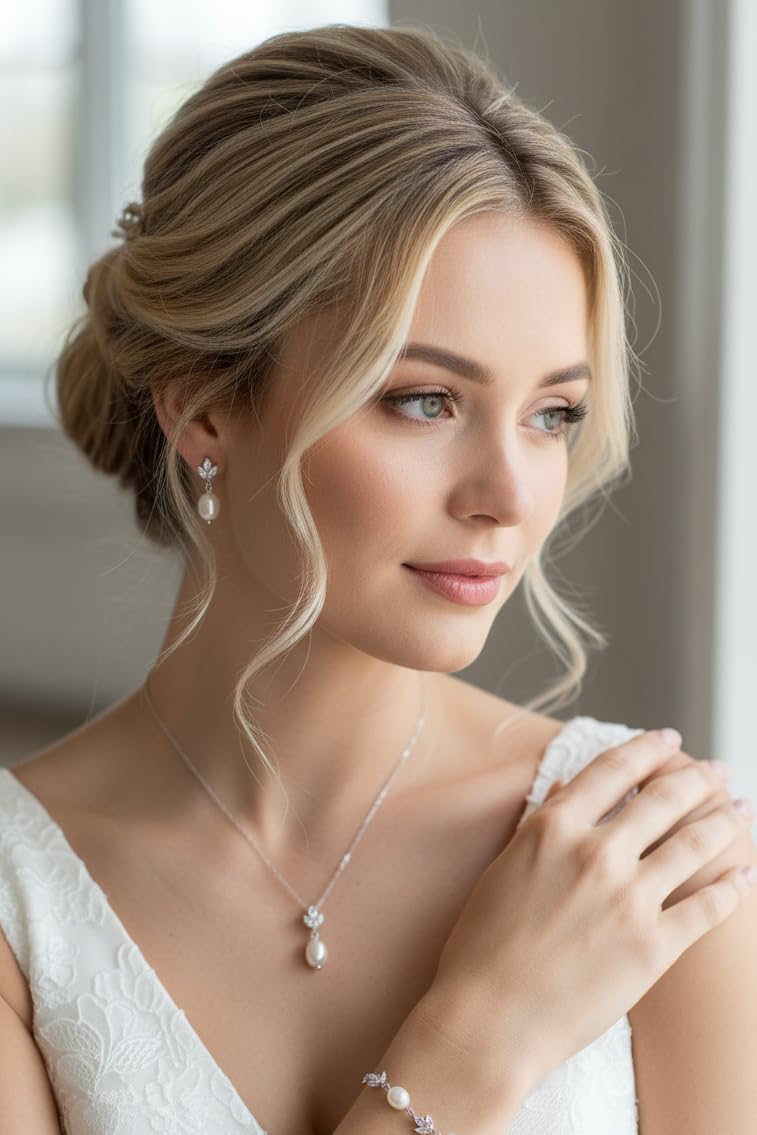 Silber Perlen Schmuckset 3-teilig Halskette Ohrringe Armband Zirkonia Strass Brautschmuck Hochzeit Kommunion Abiball