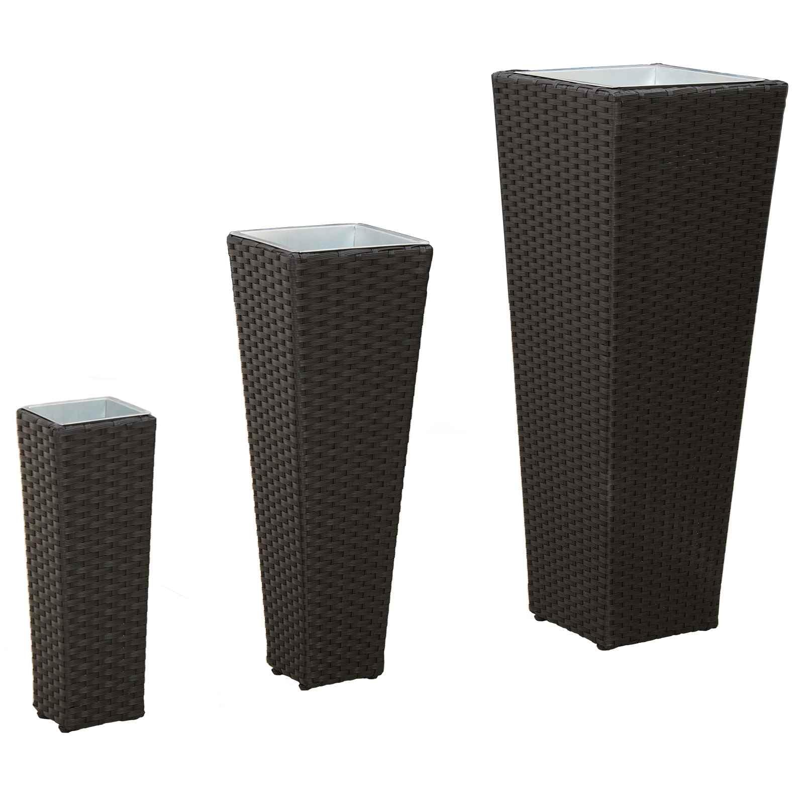 3er Set Pflanzkübel aus Metall Rattan-Optik Blumenkübel Schwarz | Stilvolle Blumenständer für Terrasse und Garten mit herausnehmbaren Innentöpfen für mühelose Pflanzenpflege.