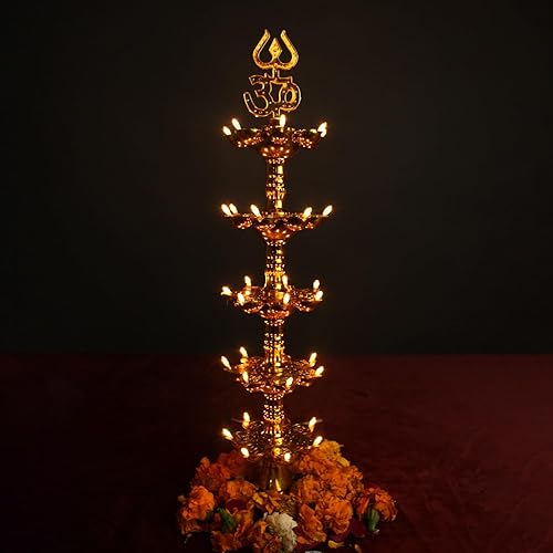 Diya Deepak - Luz eléctrica de plástico Pooja Diya LED Mandir Diya para decoración del templo del hogar, diya eléctrica dorada (1 pieza, 5 capas)