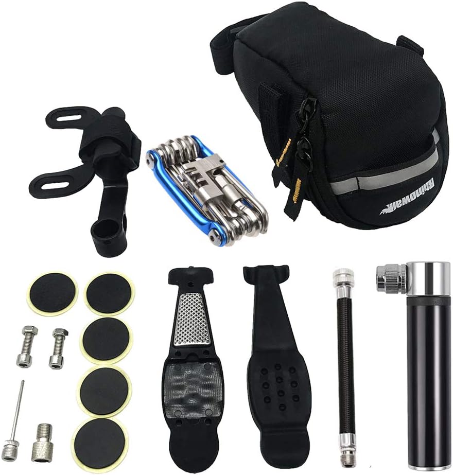 Bike Tire Repair Kit and Mini Bike Pump – for The Presta and Schrader Glueless Puncture Repair Kit (Up to 120 PSI) for Road Mountain Bikes and BMX Bikes with Bike Tail Bag Bike Tire Repair Kit and Mini Bike Pump – for The Presta and Schrader Glueless Puncture Repair Kit (Up to 120 PSI) for Road Mountain Bikes and BMX Bikes with Bike Tail Bag