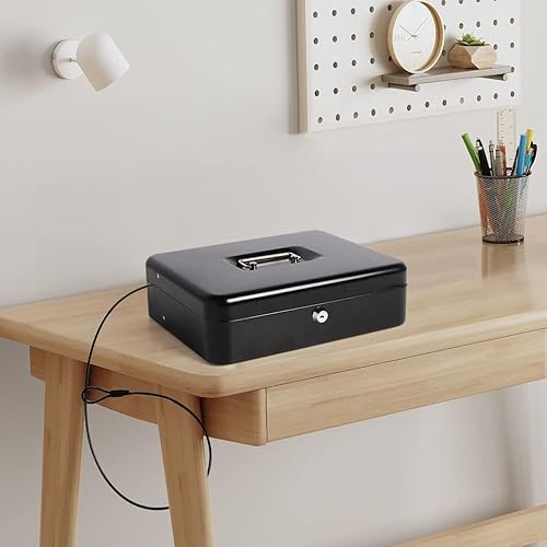 Miniatura 7 de Caja de efectivo con cerradura de llave, caja de seguridad de almacenamiento seguro con cable de seguridad, caja de efectivo de metal duradera con