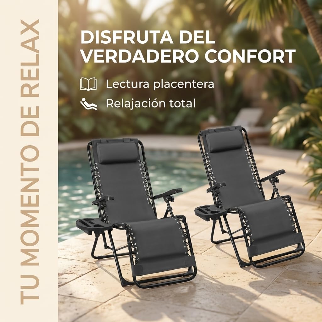 Juego de 2 Tumbonas Plegables | Resistente, Reposabrazos, y Bandeja con Portavasos | Ideales para Jardín, Terraza, Patio, Piscina, Camping o Playa | Cómodas, Duraderas (Gris) — view 4