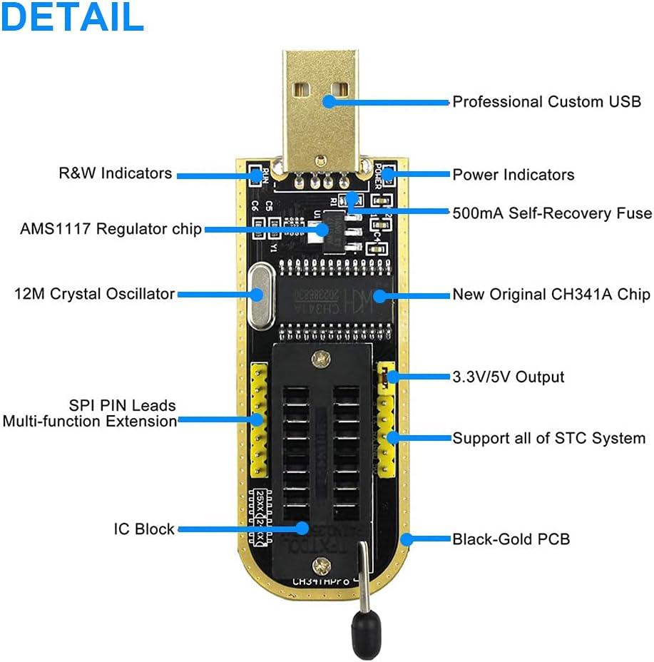 Detailed view of CH341A USB Programmer components and features