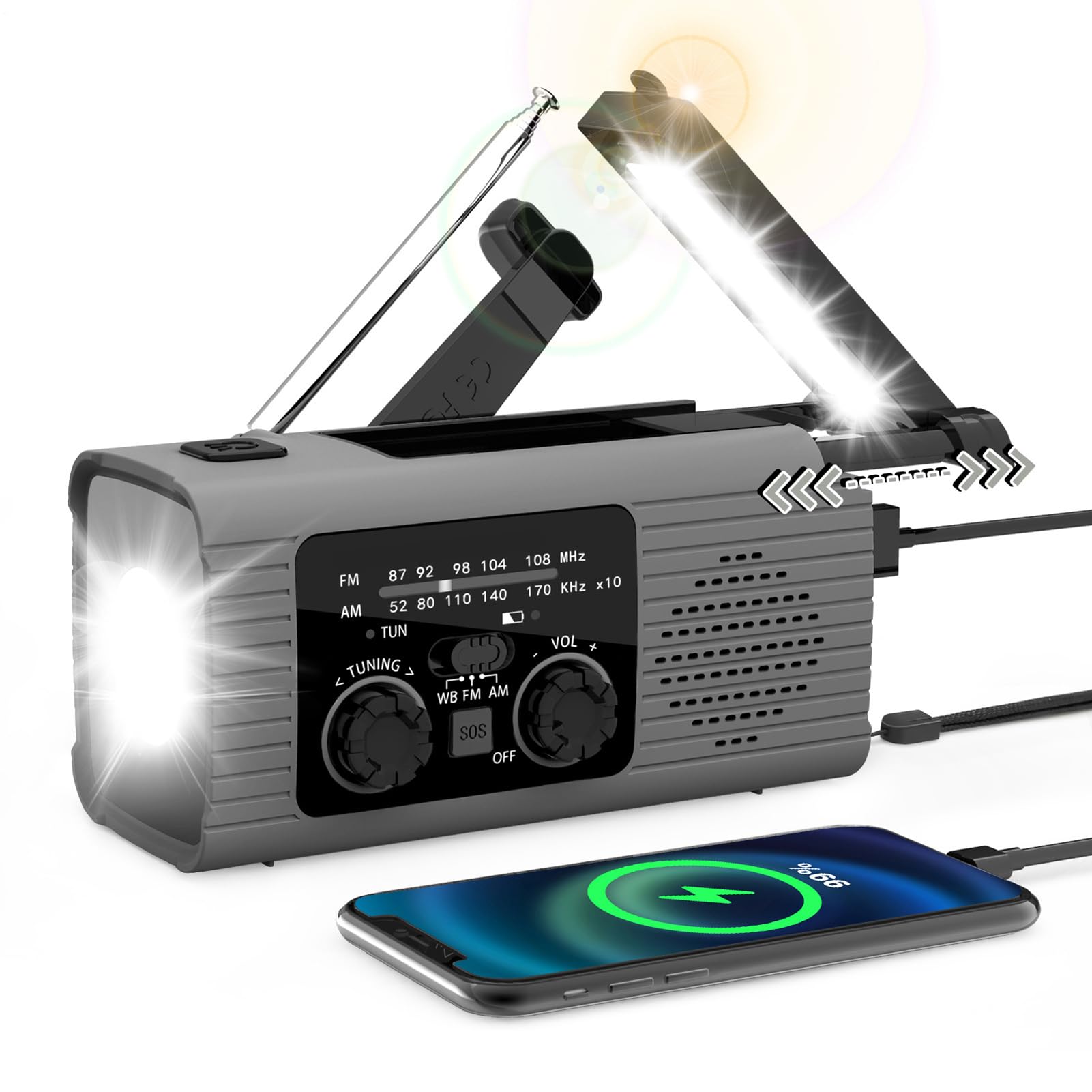 Radio dynamo1 Solaire Portable, Radio A Pile avec Manivelle, Lampe dynamo1 Survie, Kit De Survie Complet, avec Lampe De Poche LED, Rechargeable par USB, Radios AM/FM/NOAA