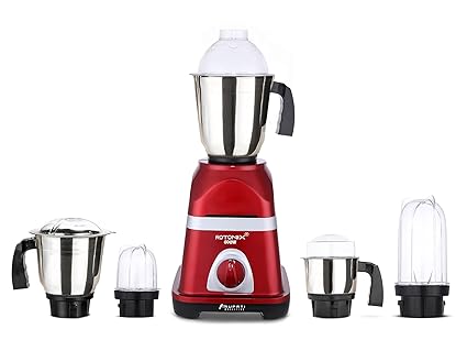 Rotomix Triaa Powerfull 600W Mixer Grinder with 3 Stainless Steel Jars and 2 Bullet Jars (1 Wet Jar, 1 Dry Jar, 1 Chutney Jar and 2 Bullet Jars), Red.Make in India(ISI Certified)