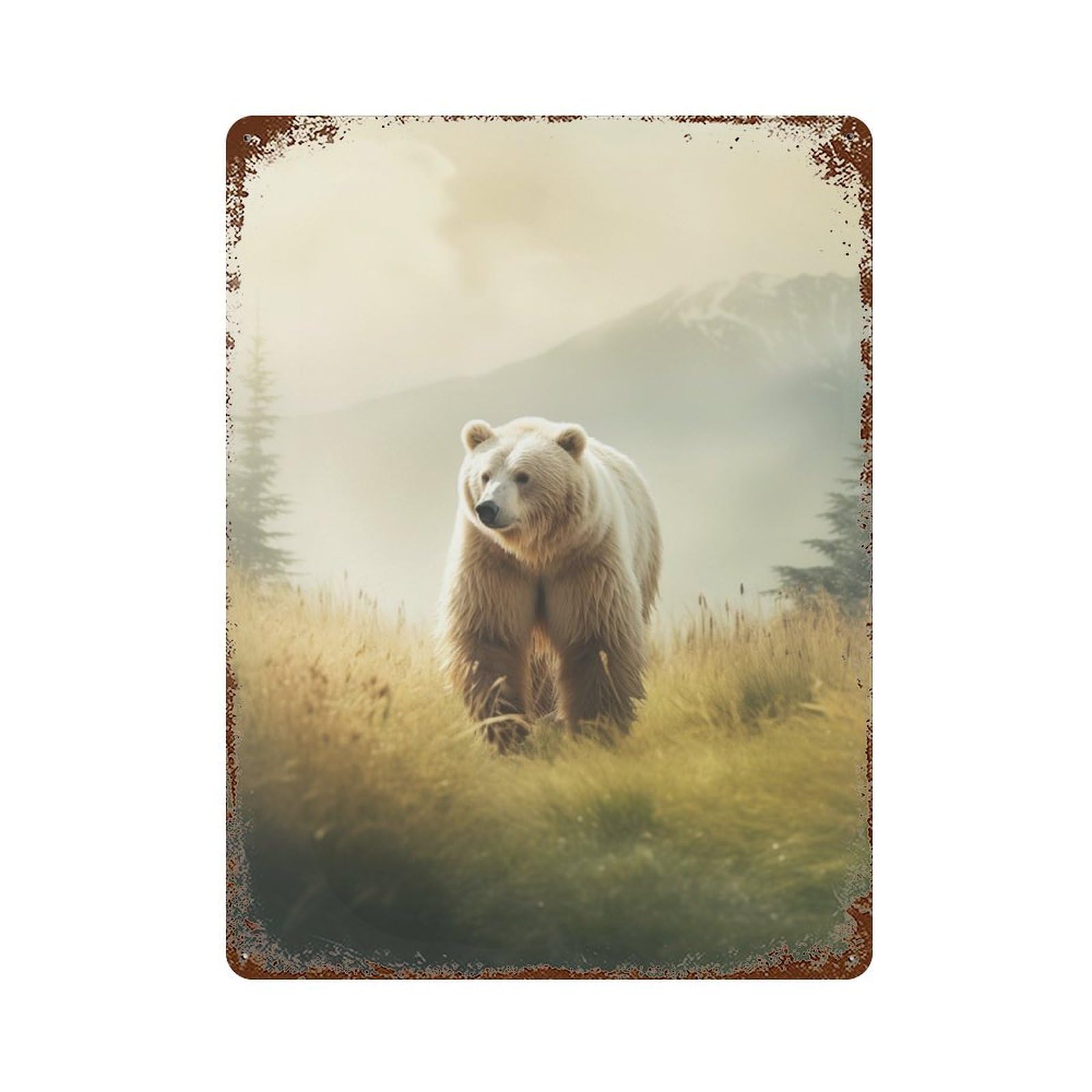 Distressed Metal Wall Sign with Big Bear in Meadow Design 15.7"x11.8", for Shed, Workshop And Garage Wall Decor, Decorative Metal Wall Art