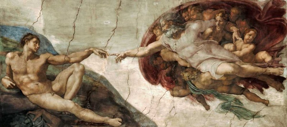 Imagen sobre lienzo enrollado Creación de Adán - Detalle Miguel Ángel - Figurativo horizontal Arte impreso ángeles figuras religión y espiritualidad Lienzo bellas artes 16_X_37_in