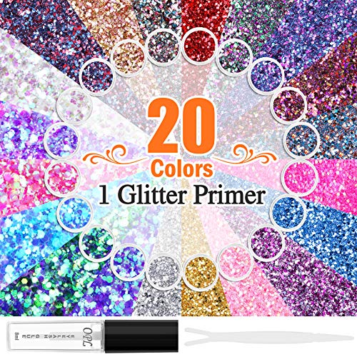 20 Colors Holographic Cosmetic Chunky Glitter, Flasoo 20 Boxes Face Body Eye Hair Nail Festival Chunky Holographic Glitter with 1 Glitter Glue for Musical Carnival Dance Party Beauty Makeup and Deco