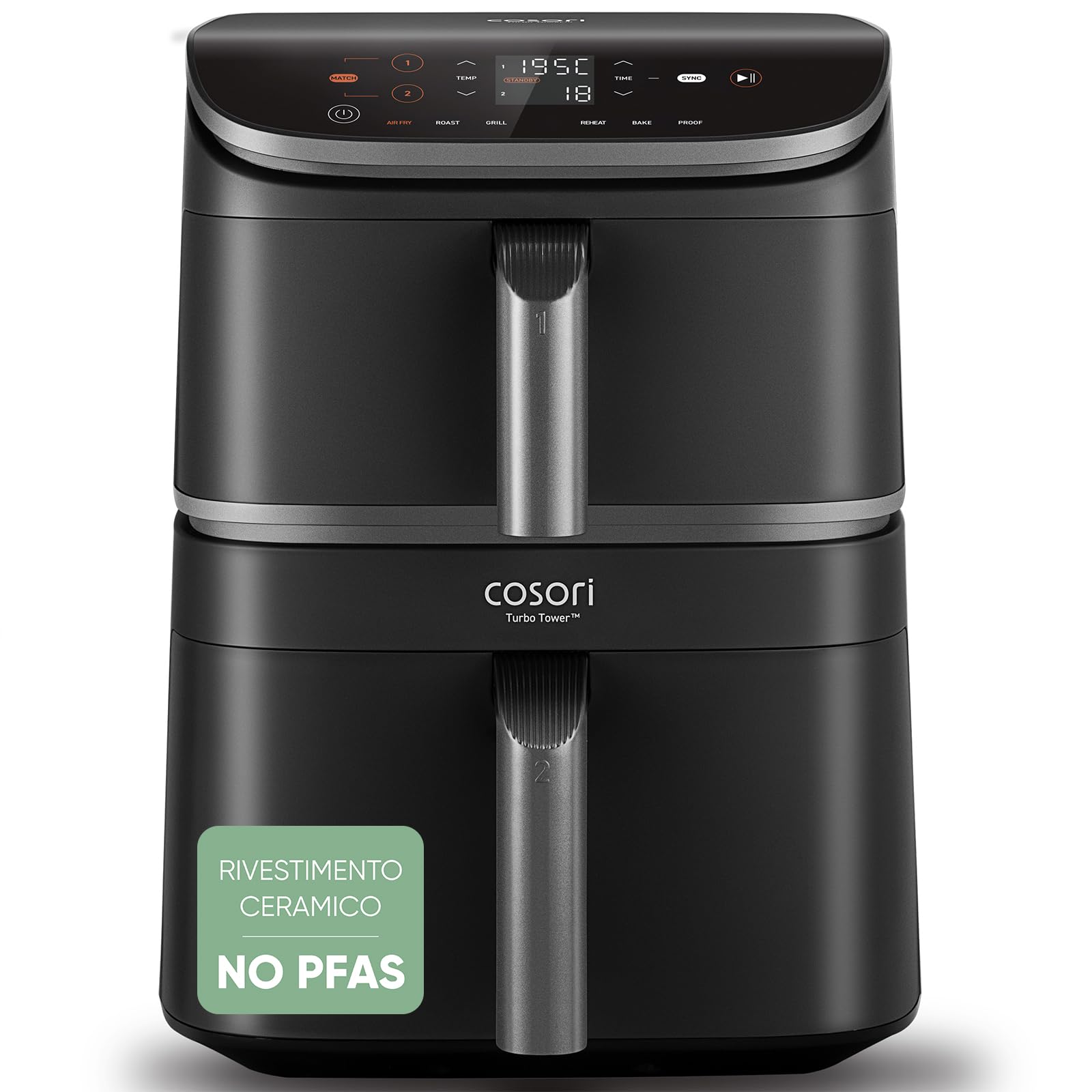 Cosori Turbo Tower Pro Friggitrice ad Aria 10,8 Litri, Doppia Resistenza | Doppio Cestello Verticale, 2 DC Motori, 7 Funzioni, 30-230°C, 2630W, Rivestimento Ceramico No PFAS, Con Griglia, CAF-DC112