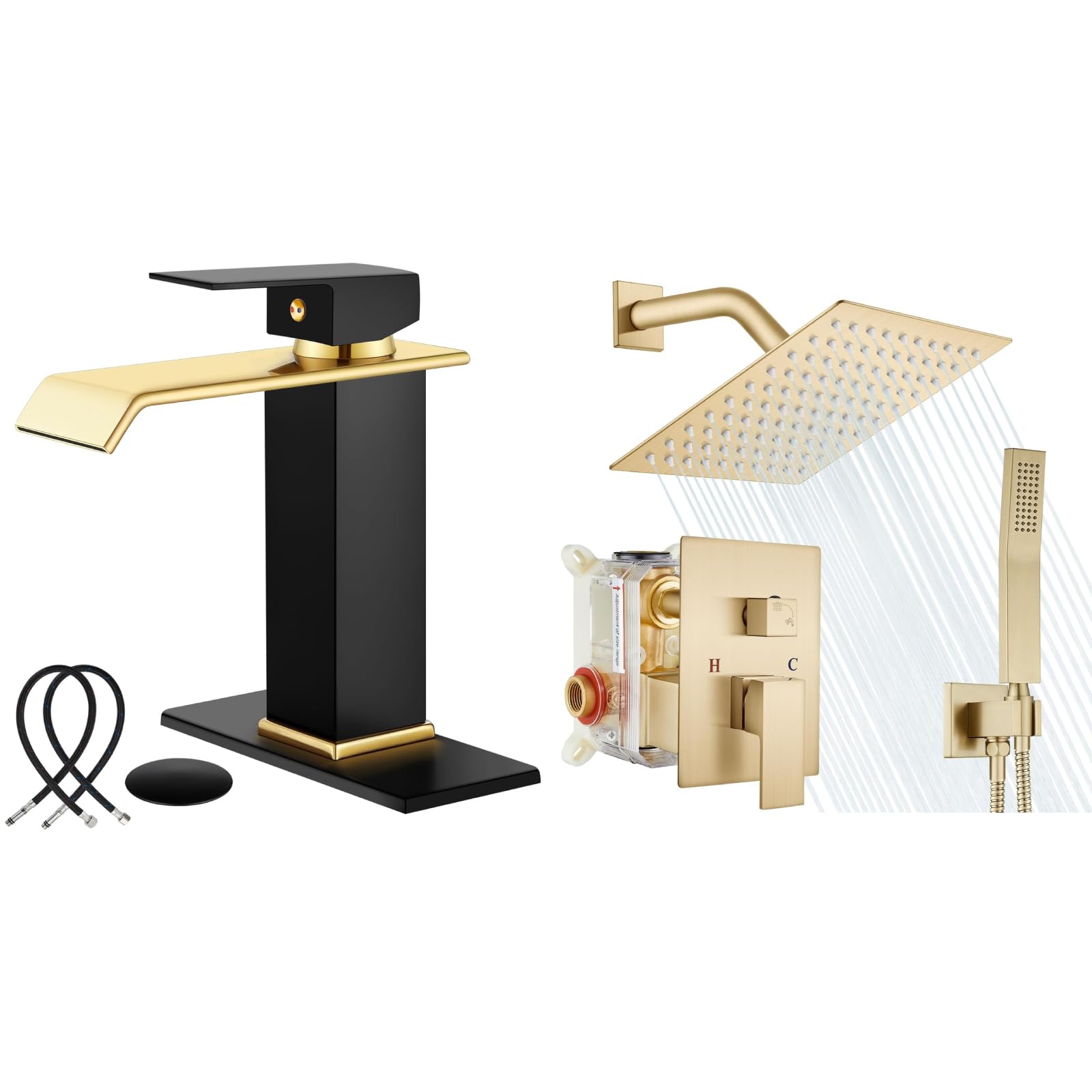 Hcfyauis Black/Gold Matte And Shiny Waterfall Bathroom Faucets Single Handle 1 Hole Bathroom Sink Faucet With 8 Inch Brushed Rain Shower System Square Rainfall Showerhead