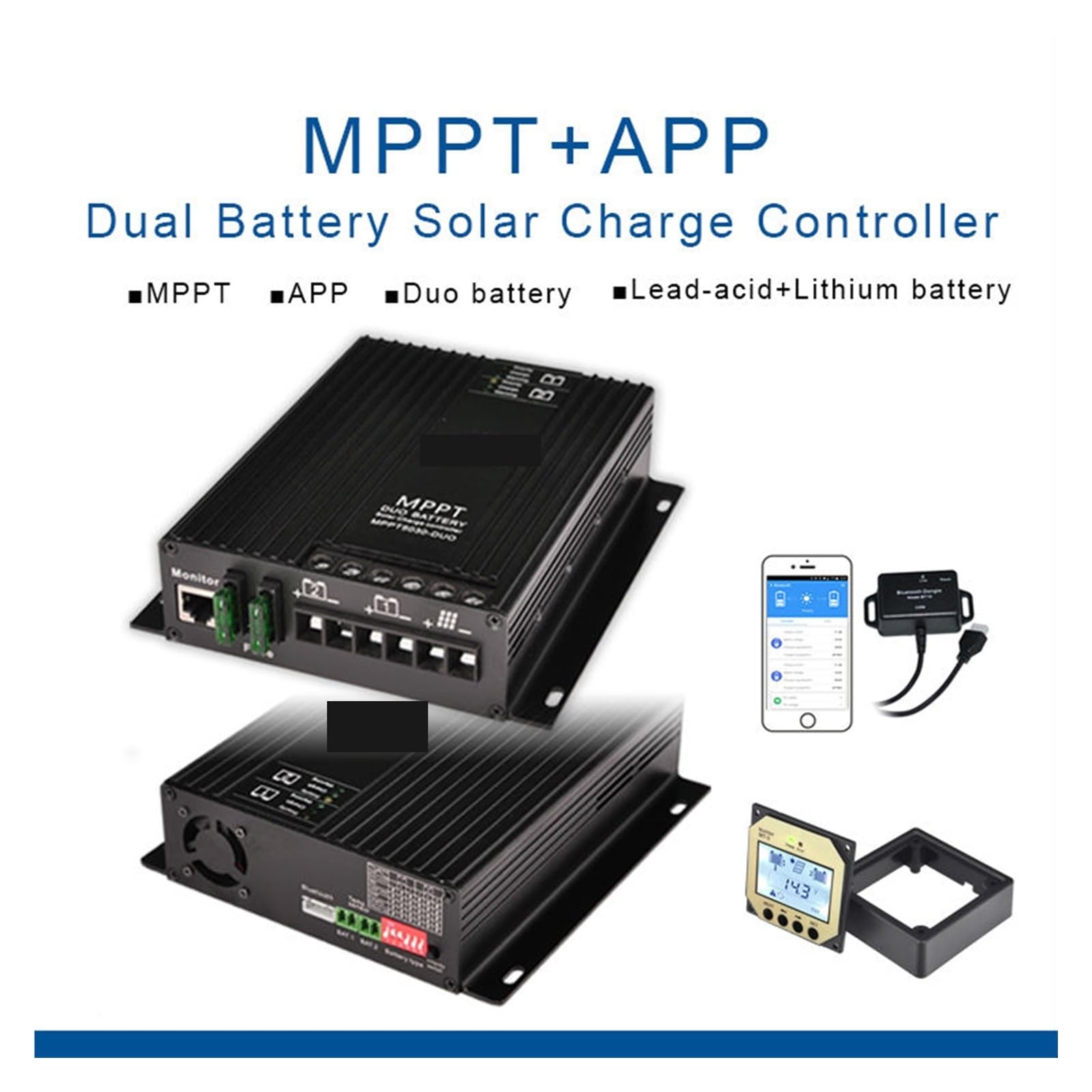 Regolatore di Carica Pannello Solare, Regolatore di Carica e scarica Solare MPPT 12V/24V Regolatore di Carica Solare Automatico for caricabatteria Doppio Automatico 30A(BT10 Bluetooth)