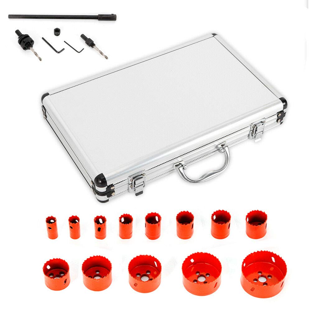 Juego de sierras perforadoras profesionales, 17 piezas, HSS bimetal, brocas de 19-76 mm, con maletín, juego de sierras de corona para metal, aluminio, acero inoxidable, plástico y madera