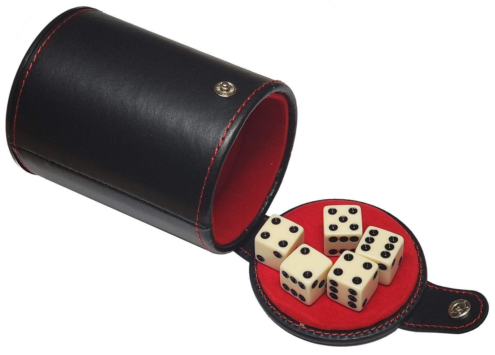 Set of 16mm Poker Dice and Black PU Leather Red Velvet Lined Dice Cup with Storage Compartment (Gift Boxed) (Pip/Dot Dice (Squared Corners) - Ivory)