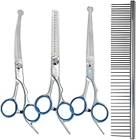 Korvanta 4-in-1 Professional Dog & Cat Grooming Scissors Kit - Safety Round Tip Thinning, Curved & Straight Shears with Comb