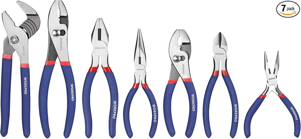 7-piece WORKPRO Pliers Set with Groove Joint, Long Nose, Slip Joint, Linesman, and Diagonal Pliers for DIY & Home Use